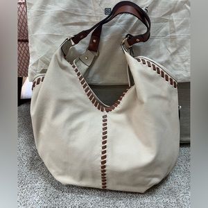 Lodis - Lacey Whipstitch Leather Hobo Tote Shoulder Bag in Cream/Brown